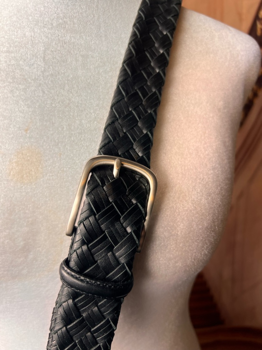 Tasso Elba Wide Black Leather Braided Belt with Silver Buckle, excellent